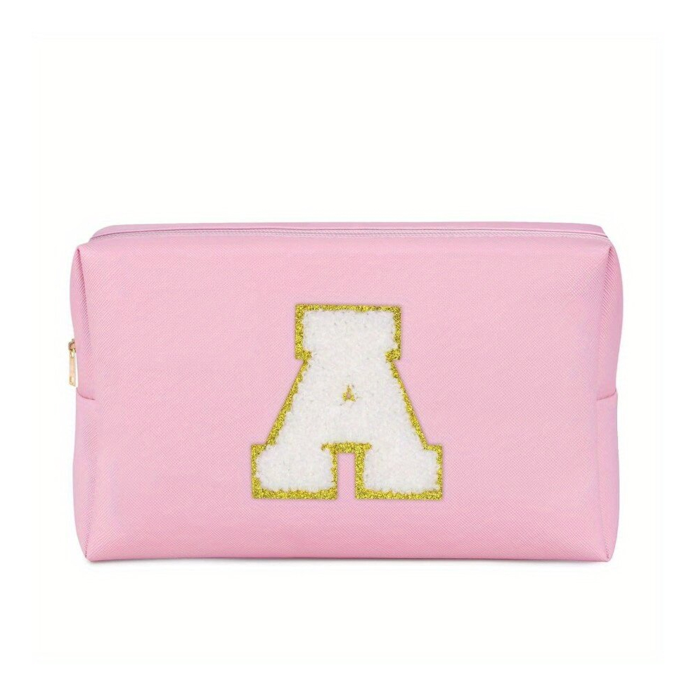 Multicoloured Initial Preppy Makeup Bag With Zipper Chenille Letter Pink Travel Cosmetic Bag For Women Preppy Patch Toiletry Bag For Traveling Outdoors Gift Ideal F