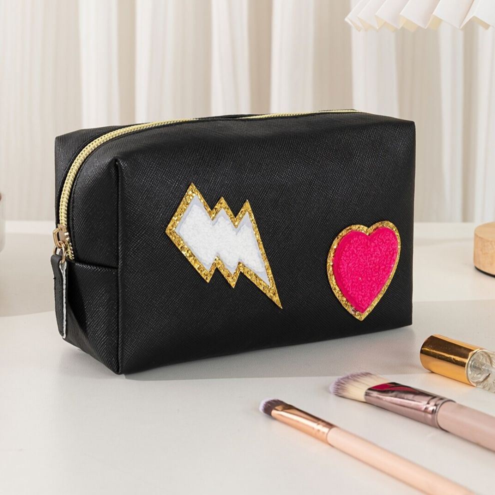 Preppy Patch Makeup Bag Heart Lightning Cosmetic Toiletry Bag PU Portable Waterproof Travel Toiletry Organizer Preppy Cosmetic Bag For Women Girls