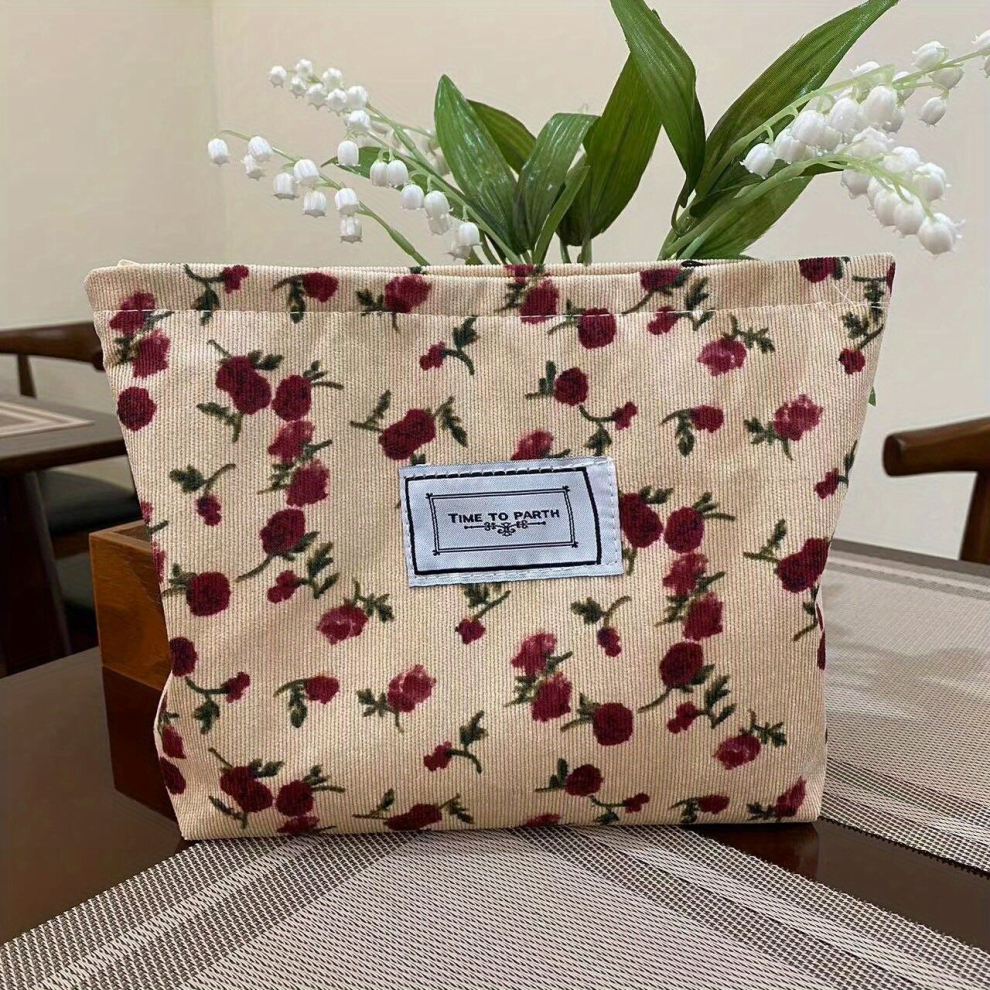 Multicoloured Vintage Corduroy Makeup Bag Roomy Flower Print Hand Pouch For Women And Girls Perfect For Organizing And Storing Cosmetics
