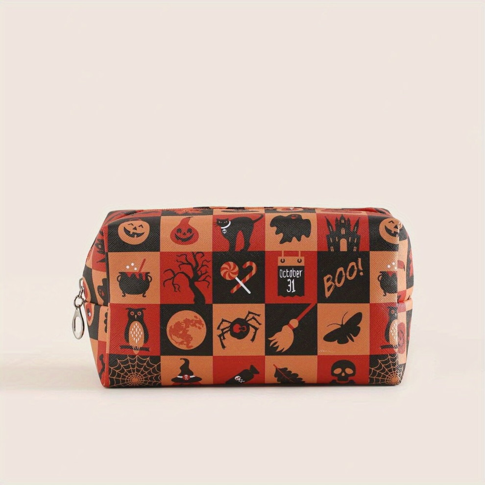 Halloween Pumpkin & Spider Web Print Makeup Bag Zipper Roomy Square Makeup Pouch Travel Toiletries Organizer Gift For Girls Women Men Kids