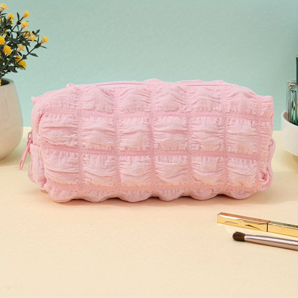 Solid Textured Makeup Bag Roomy Zipper Makeup Brush Holder Makeup Accessories Organizer For Girls And Women