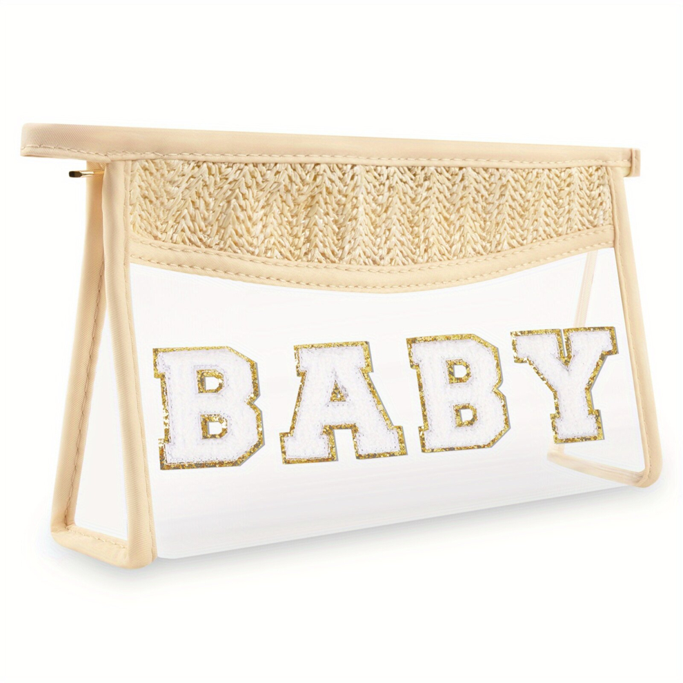 Boho Letter Patch Makeup Bag MAMA Pouch Clear Toiletry Bag Travel Small Preppy Letter Cosmetic Zipper Purse Transparent PVC Waterproof Diaper Bag Orga