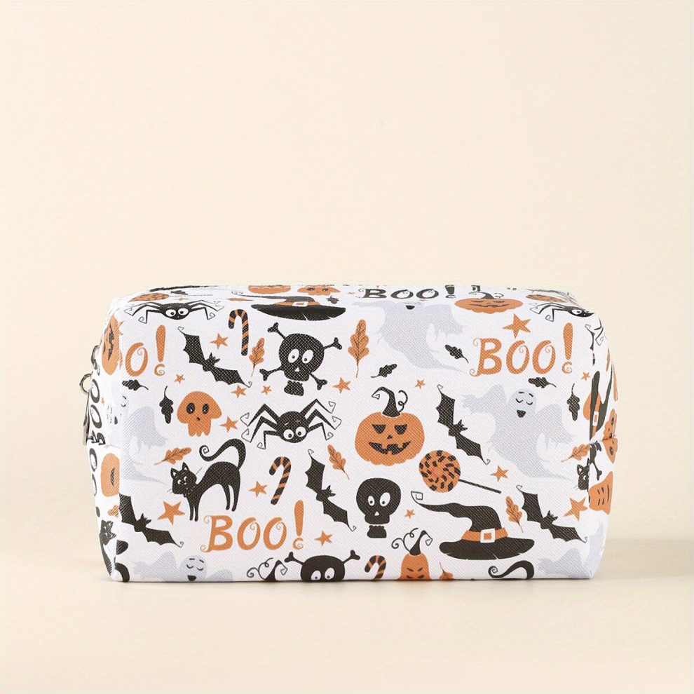 Halloween Pumpkin & Spider Skull Print Makeup Bag Cartoon Adorable Zipper Roomy Square Makeup Pouch Travel Toiletries Organizer Gift For Girls Women M