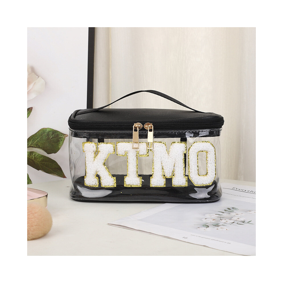 Black Waterproof Chenille Letter Makeup Bag With Zipper And Handle Preppy Patch Glitter Cosmetic Handbag For Women Perfect For Travel And Toiletry Storage