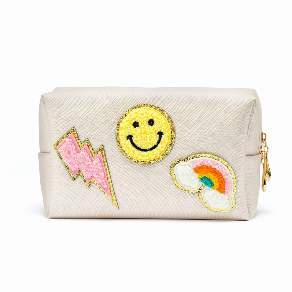 Preppy Patch Cosmetic Toiletry Bag Portable Waterproof Makeup Bag Smile Lightning Heart Organizer Daily Travel Use Storage Purse For Women Girls