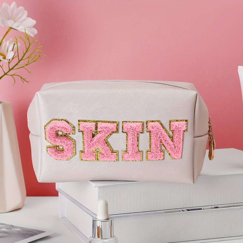 1 4pcs Preppy Makeup Bag Chenille Letter Cosmetic Bag Makeup Organizer Bag Toiletry Cosmetic Case With Zipper Cosmetic Makeup Pouch For Women Girls St