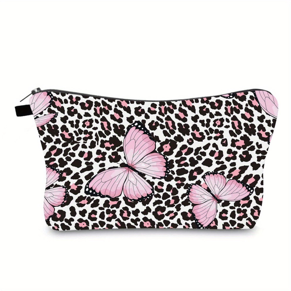 Leopard & Butterfly Print Makeup Bag Zipper Roomy Makeup Pouch Adorable Toiletry Bag Travel Organizer For Girls And Women Gift