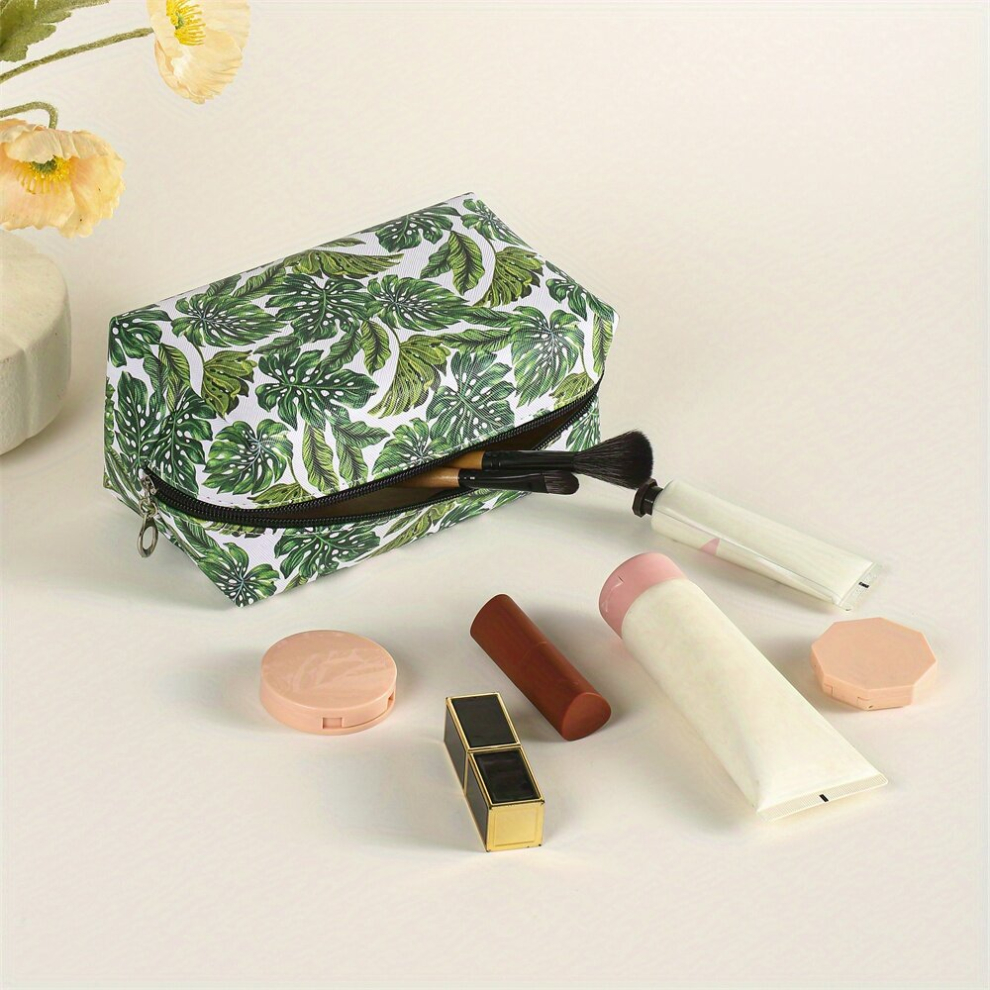 Banana Leaf Pattern Makeup Bag Roomy Square PU Makeup Pouch Zipper Travel Organizer For Makeup Brush Travel Accessories Female Gift