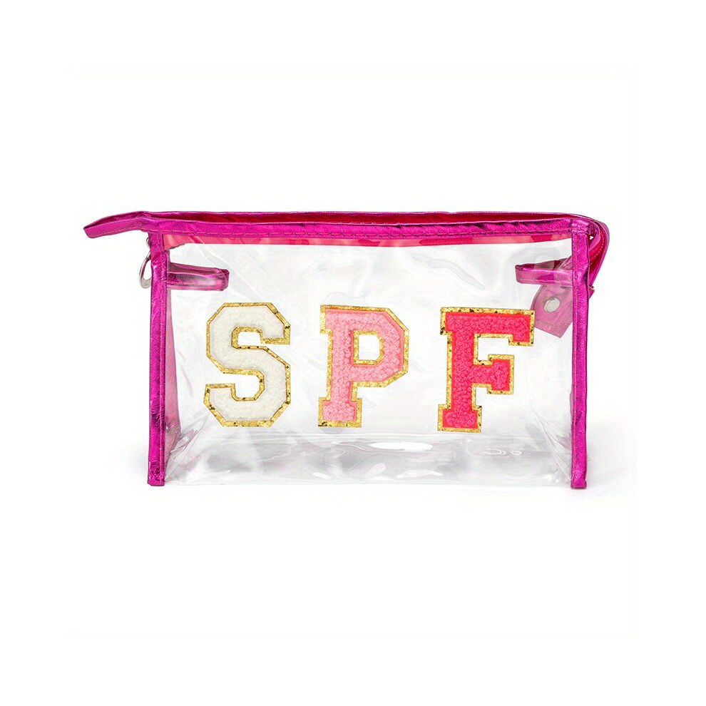 Preppy Patch SPF Varsity Letter Cosmetic Toiletry Bag Waterproof Portable Cosmetic Bag Transparent PVC Zipper Bag Daily Use Clutch Purse Travel Party