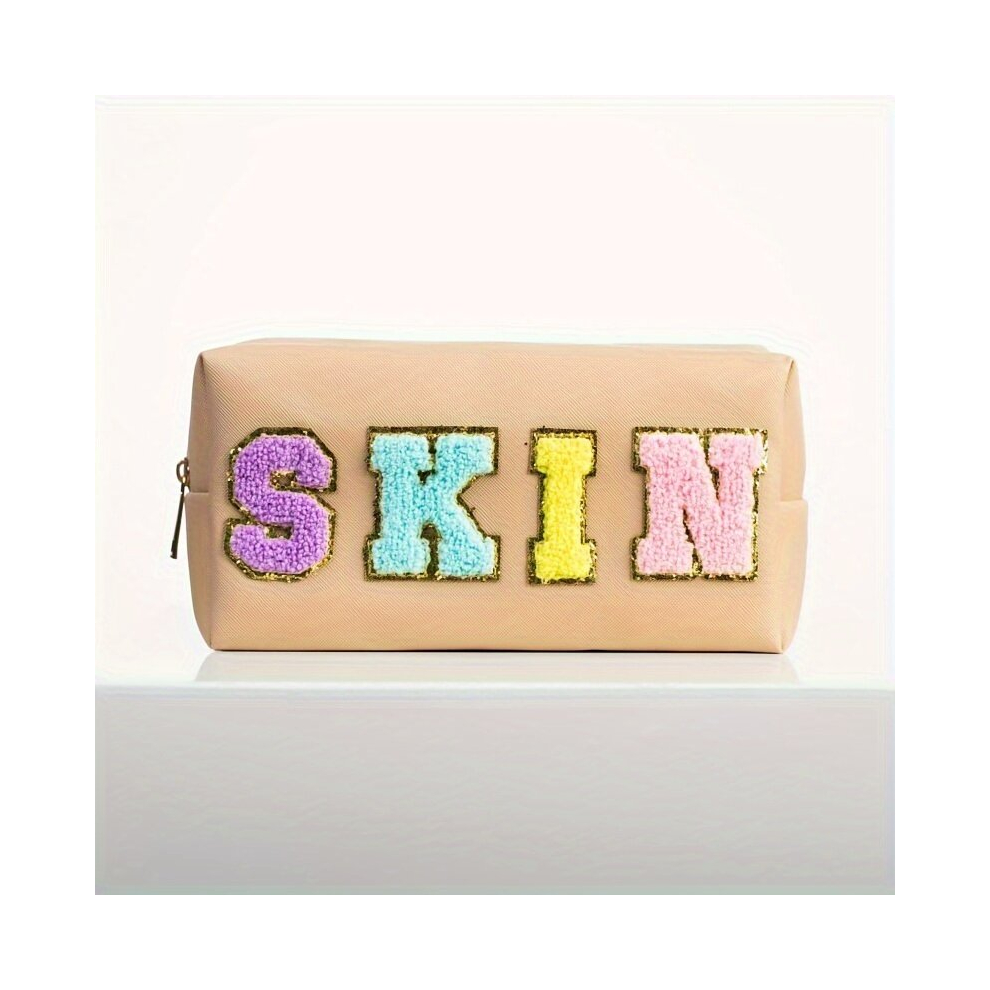 Multicoloured 1Pcs Cosmetic Bag Preppy Skin Care Bag Makeup Bag For Women Travel Toiletry Organizer With Chenille Letter Patches Beige Skin