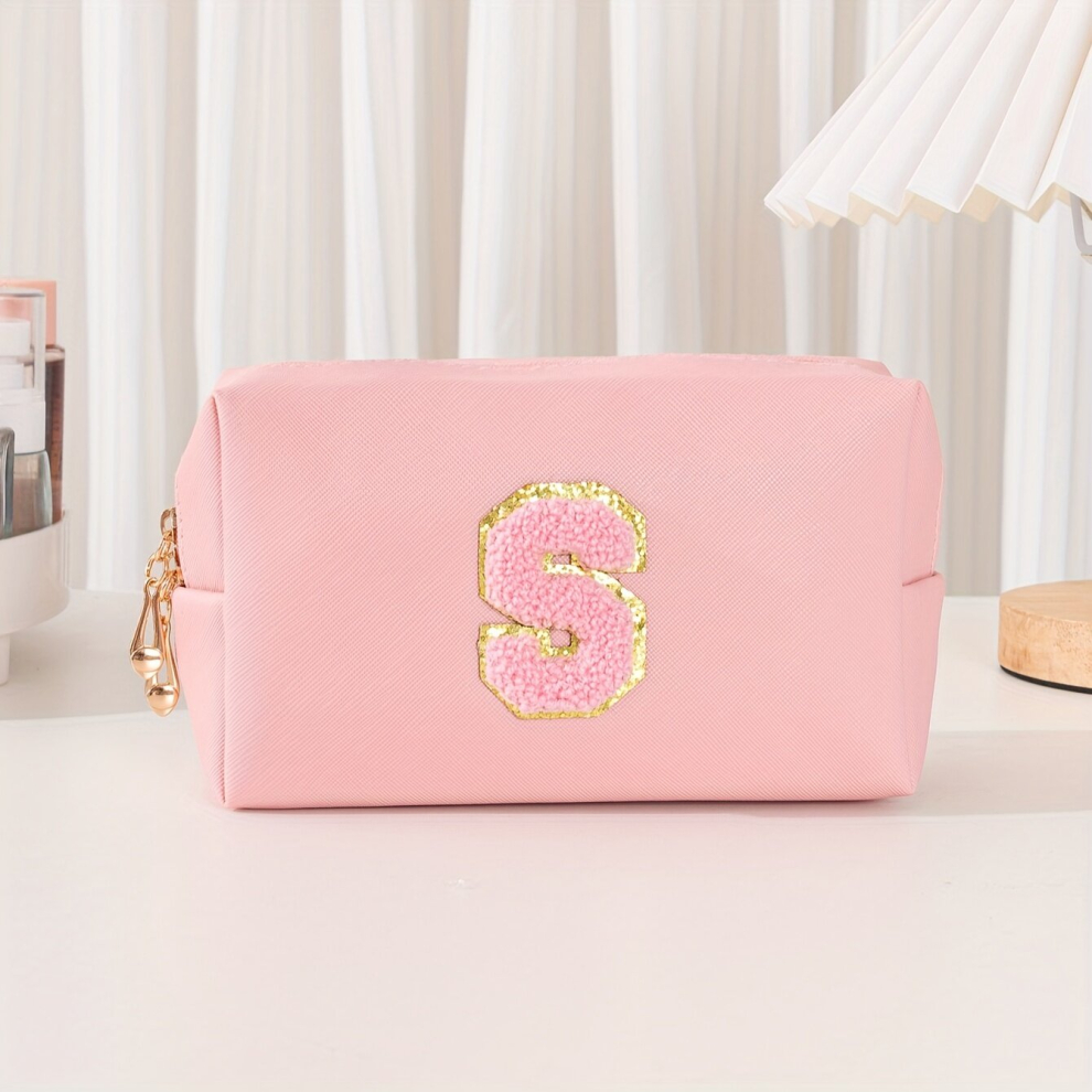 Pink Preppy Makeup Bag Initial Chenille Letter Patch Makeup Bag Pouch Faux Leather Cosmetic Bag Travel Toiletry Bag Monogram Makeup Bag Birthday Gift For W
