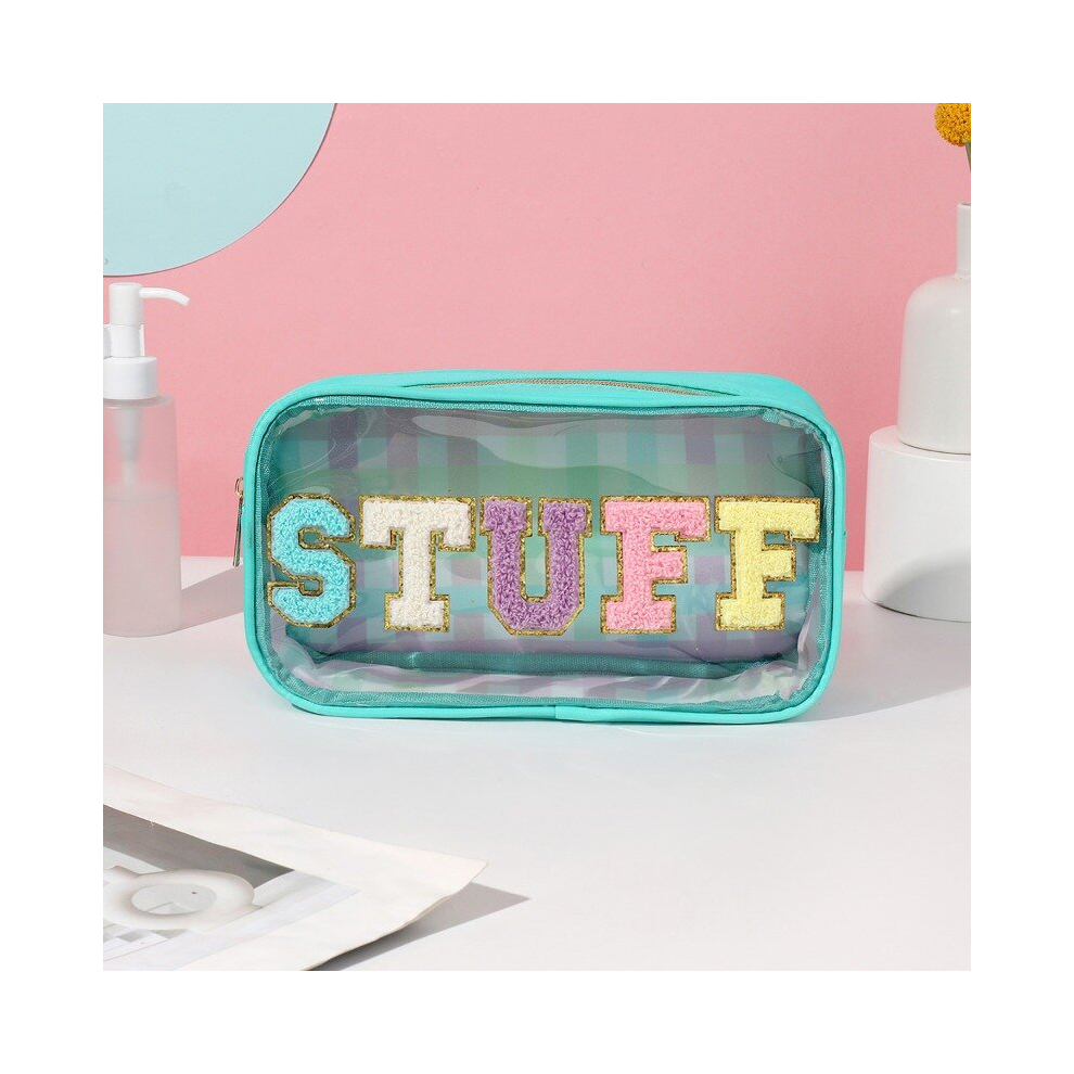 Clear Chenille Letter STUFF Makeup Bag For Travel Preppy Patch STUFF Zipper Pouch PVC Waterproof Toiletry Stuff Pouch For Women Mint Green