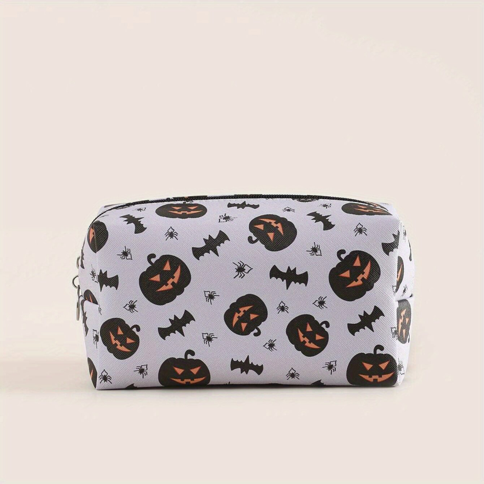 Halloween Pumpkin Bat Spider Pattern Makeup Bag Square Zipper Roomy Cosmetic Bag For Women Travel Toiletry Bag Accessories Organizer Gift