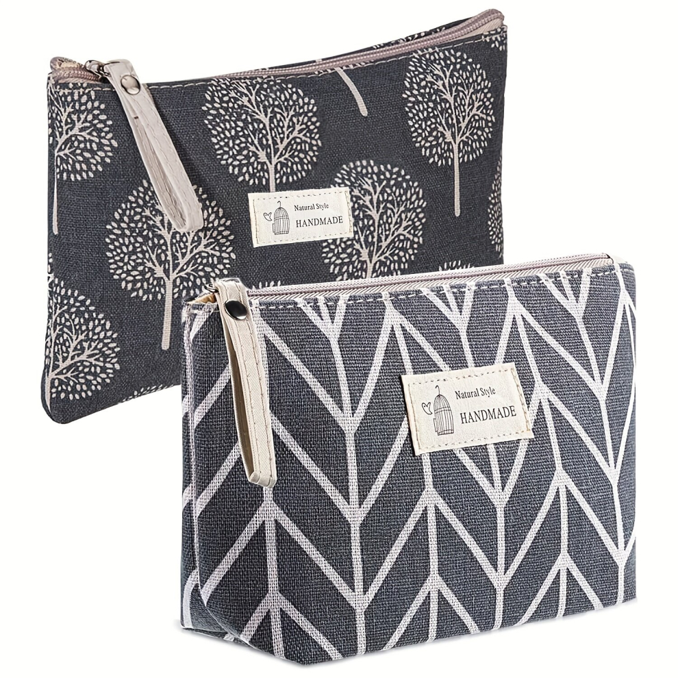 Multicoloured 2Pcs Funny Canvas Makeup Bag Roomy Cosmetic Bag Pouch Purse Handbag With Zipper Suitable For Women Girls Travel & Daily Storage