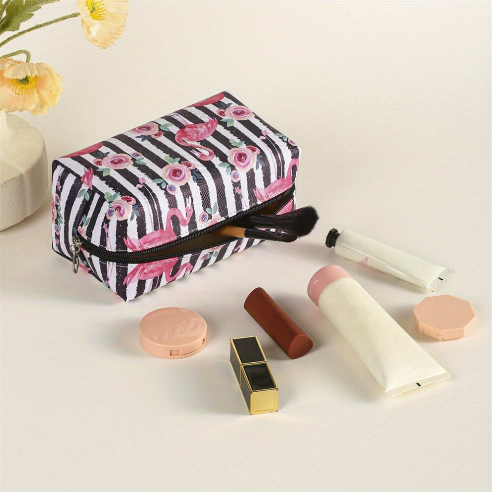 Flamingo Floral Stripes Pattern Makeup Bag PU Roomy Zipper Makeup Pouch Portable Travel Organizer Female Gift For Daughter Mom Women Girls Friends