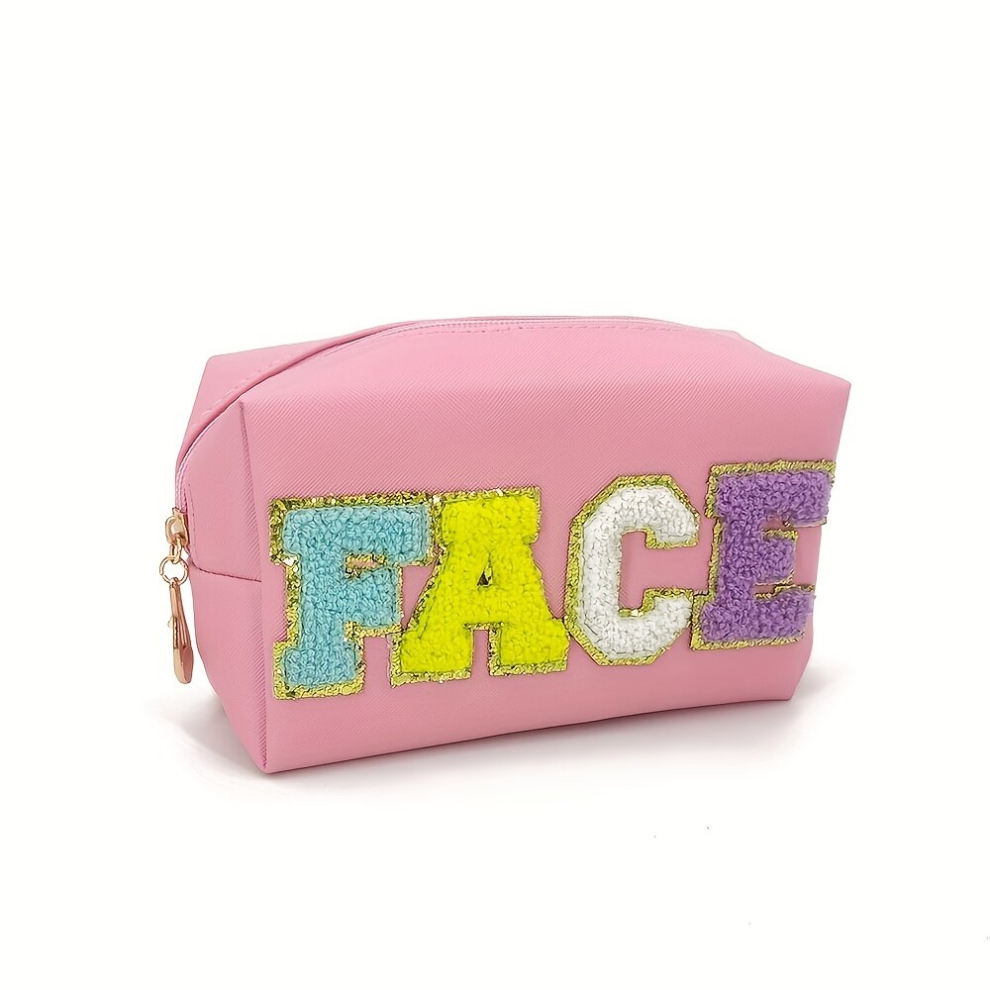 Chenille Letter Patch Preppy Makeup Bag Roomy Cosmetic Organizer for Skin Care and Travel Small Zipper Pouch for Women