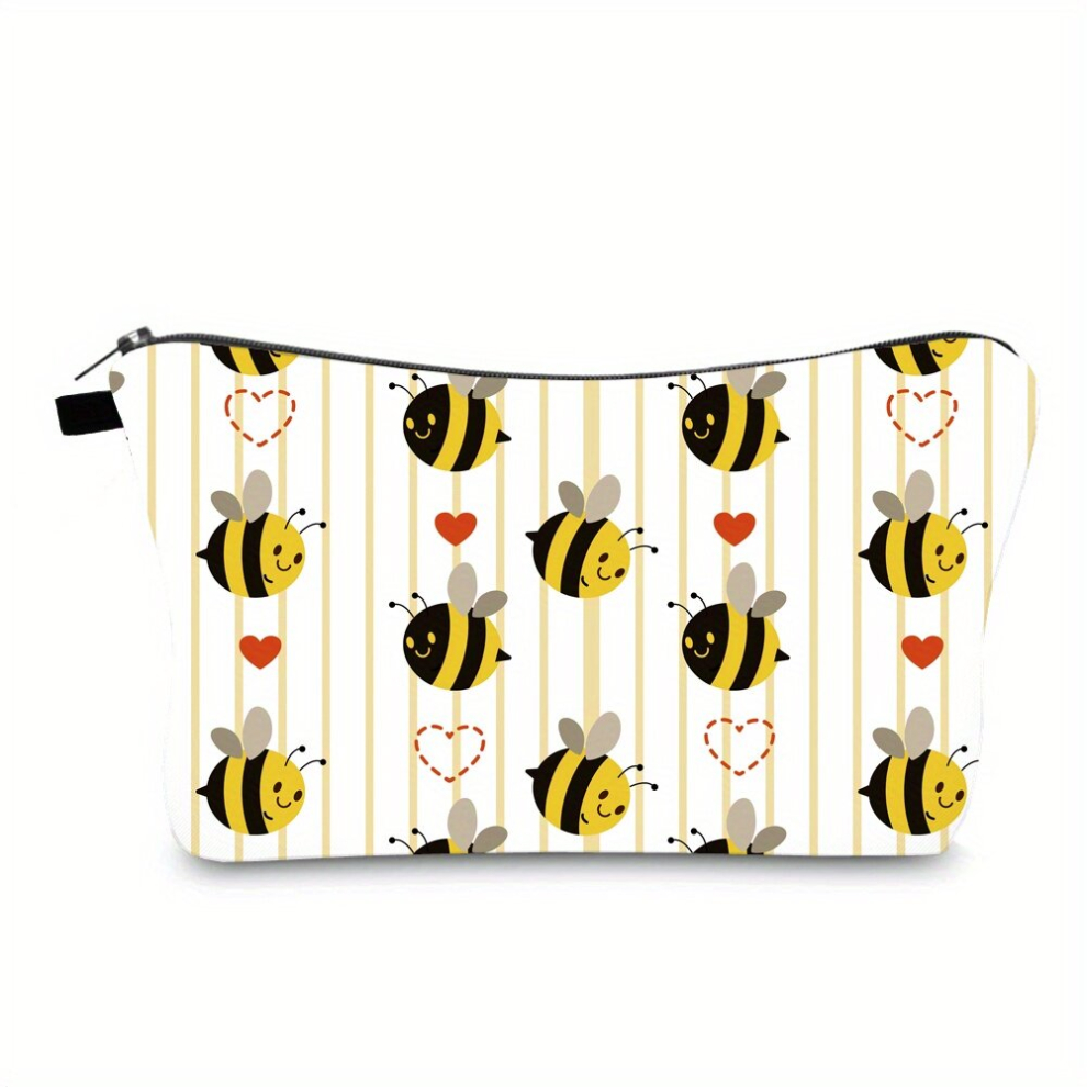 Heart & Bee Print Cosmetic Bag Adorable Roomy Small Makeup Bag Accessories Organizer For Teen Girls Students Women