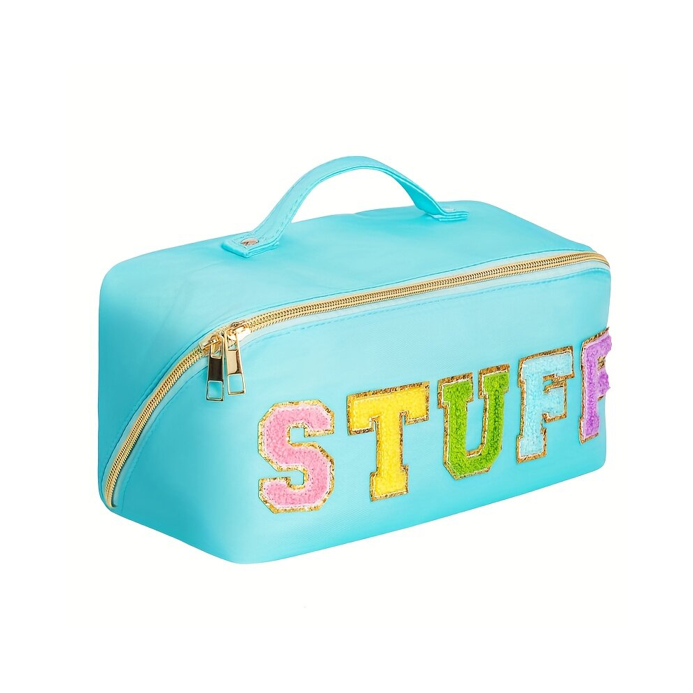 Large Capacity Travel Cosmetic Bag For Women Travelling Nylon Letter Patch Decor Makeup Bag Waterproof Multifunctional Storage Travel Toiletry Bag Ski