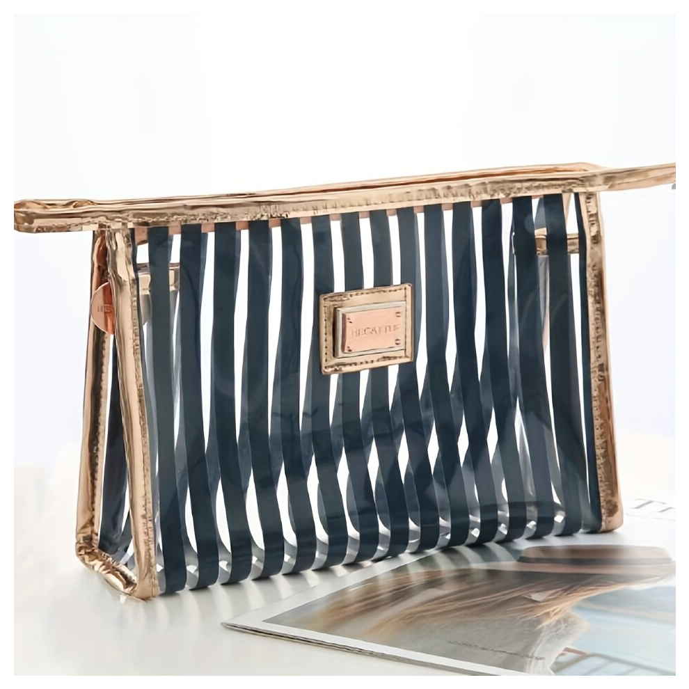 PVC Striped Waterproof Cosmetic Bag Transparent Large Capacity Makeup Pouch Travel Portable Toiletry Bag For Girls And Women