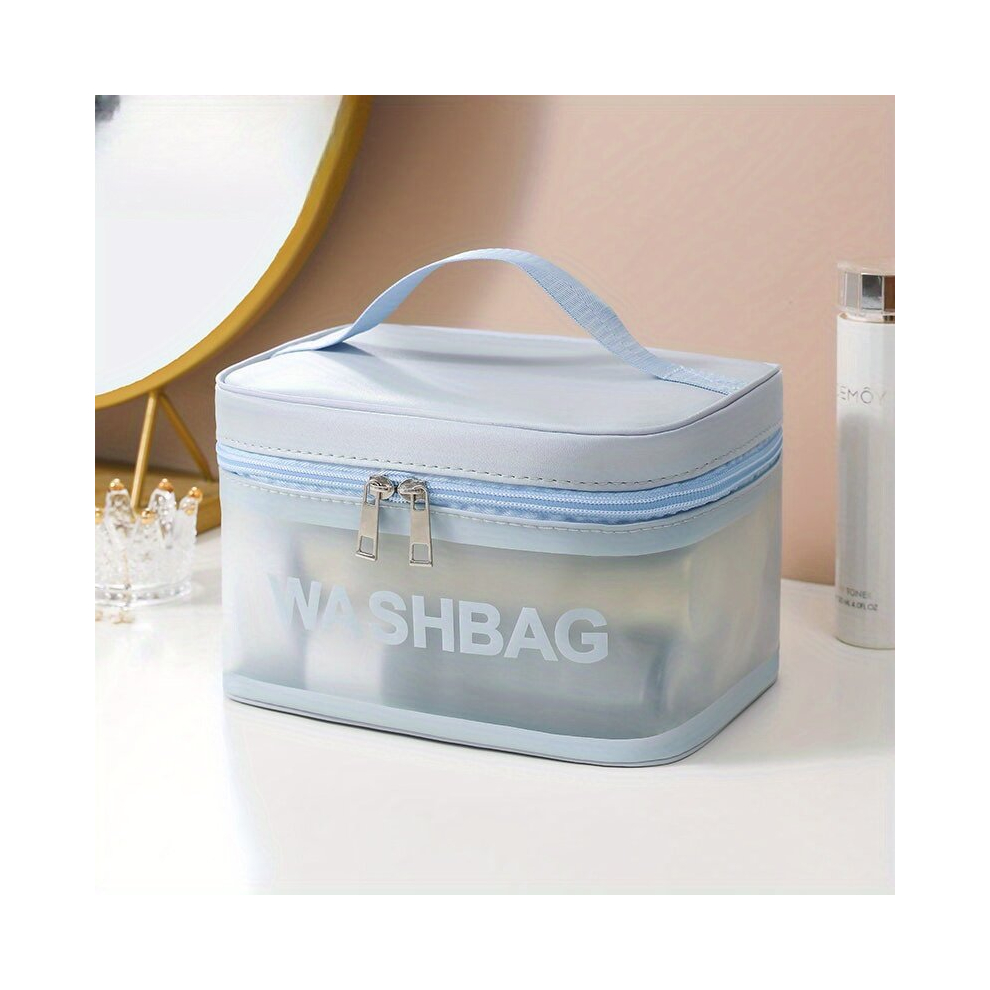 Blue Letter Print Pu Cosmetic Bag Waterproof Large Capacity Toiletry Bag Portable Travel Home Translucent Matte Cosmetics Storage Bag Portable For Home Use