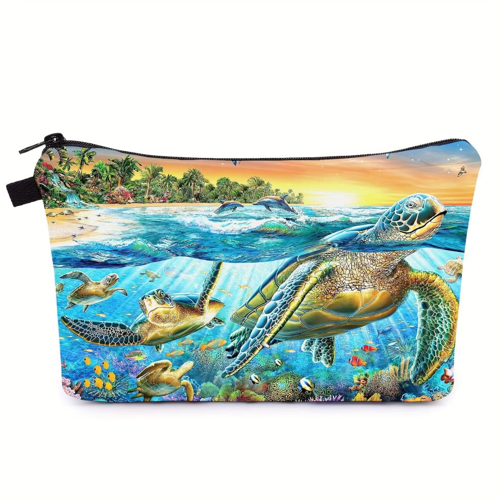 Ocean Dolphin Sea Turtle Print Cosmetic Bag Roomy Zipper Makeup Pouch Toiletry Bag Travel Accessories Organizer For Women