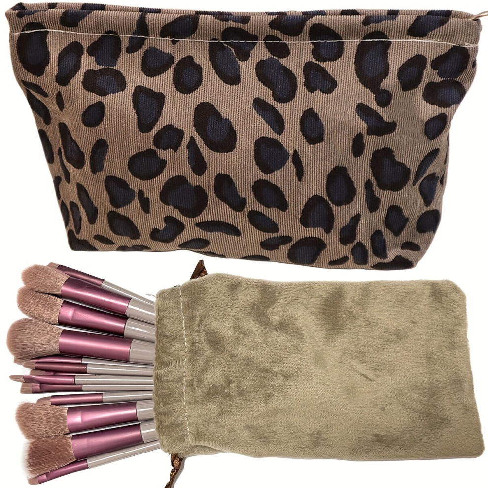 Multicoloured Leopard Print Makeup Bag Small Cosmetic Bag With 13Pcs Makeup Brushes Set Portable Travel Bag