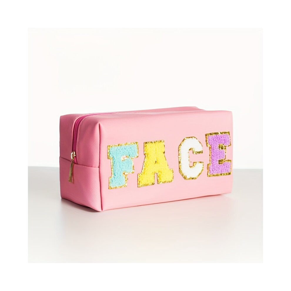 1pc Preppy Makeup Bag Organizer With Chenille Letter Patch Roomy Travel Makeup Pouch Bag Make Up Cosmetic Zipper Pouch For Women Girls Gift Pink FACE
