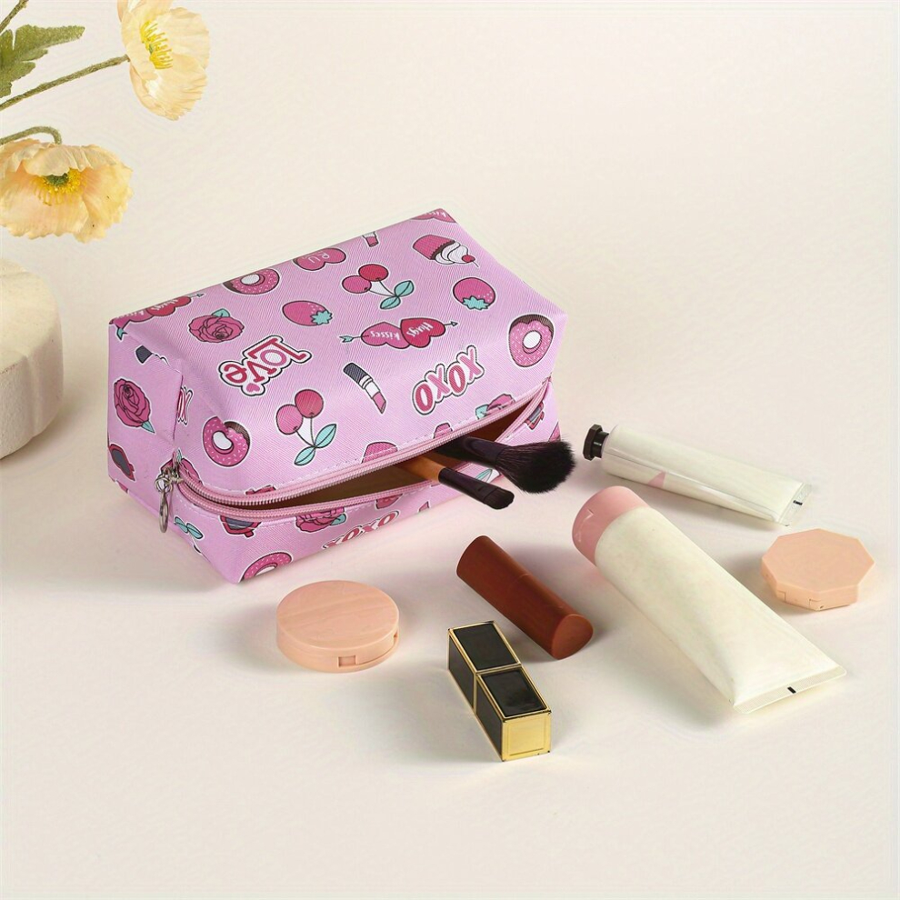Heart Cherry Print Zipper Makeup Bag For Women Purse Makeup Bag Roomy Travel Toiletry Bag Accessories Organizer