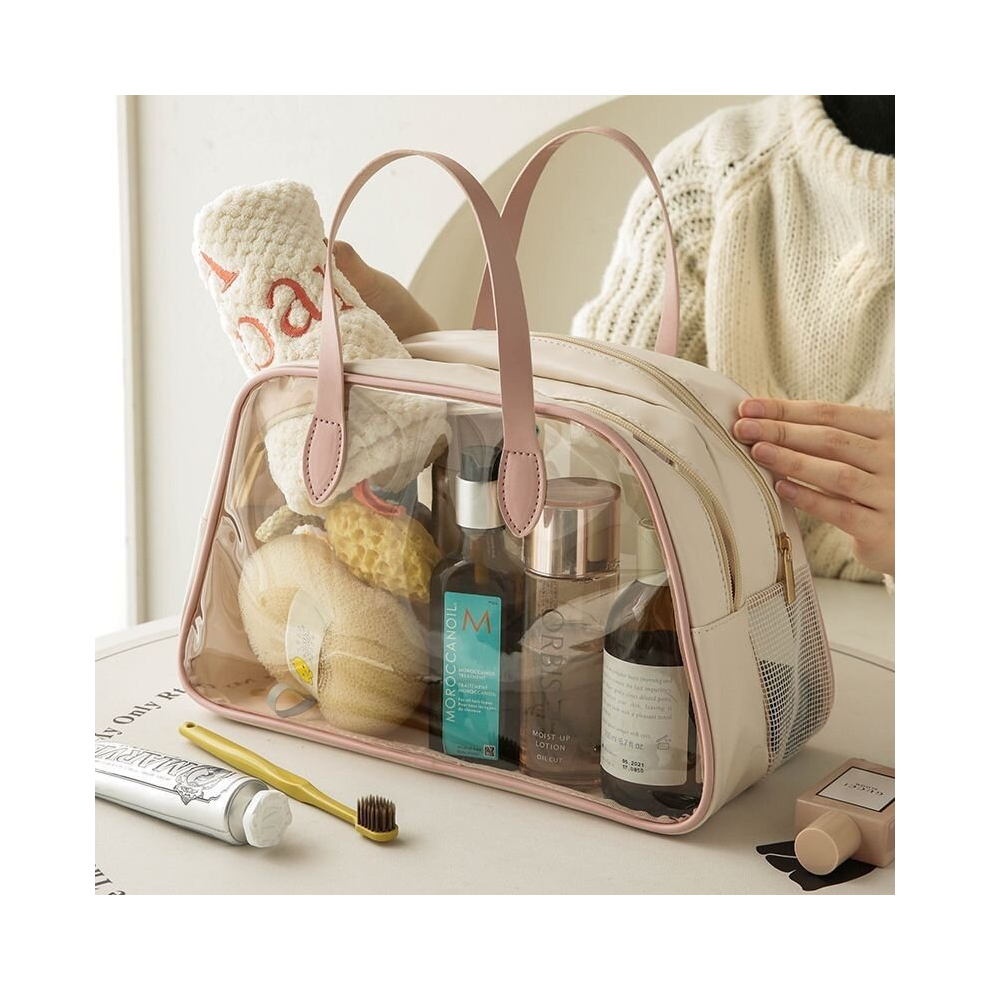 Pink Double Layer Makeup Bag Portable Wet And Dry Separation Toiletry Bag For Women Men Translucent Cosmetic Travel Bag For Toiletries & Cosmetics Swimming