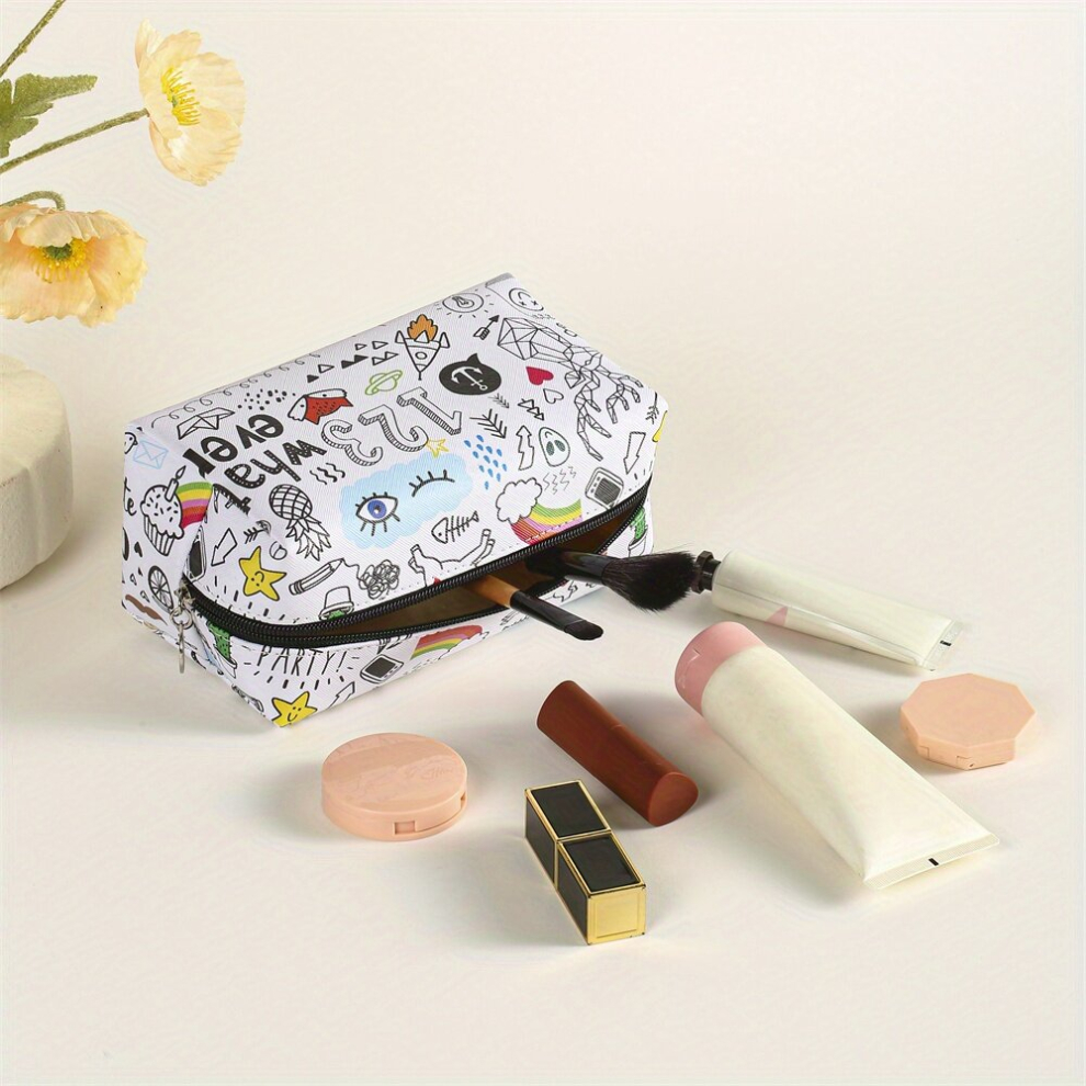 Graffiti Style Square PU Makeup Bag Zipper Creative Roomy Makeup Pouch Travel Portable Makeup Accessories Organizer Female Gift