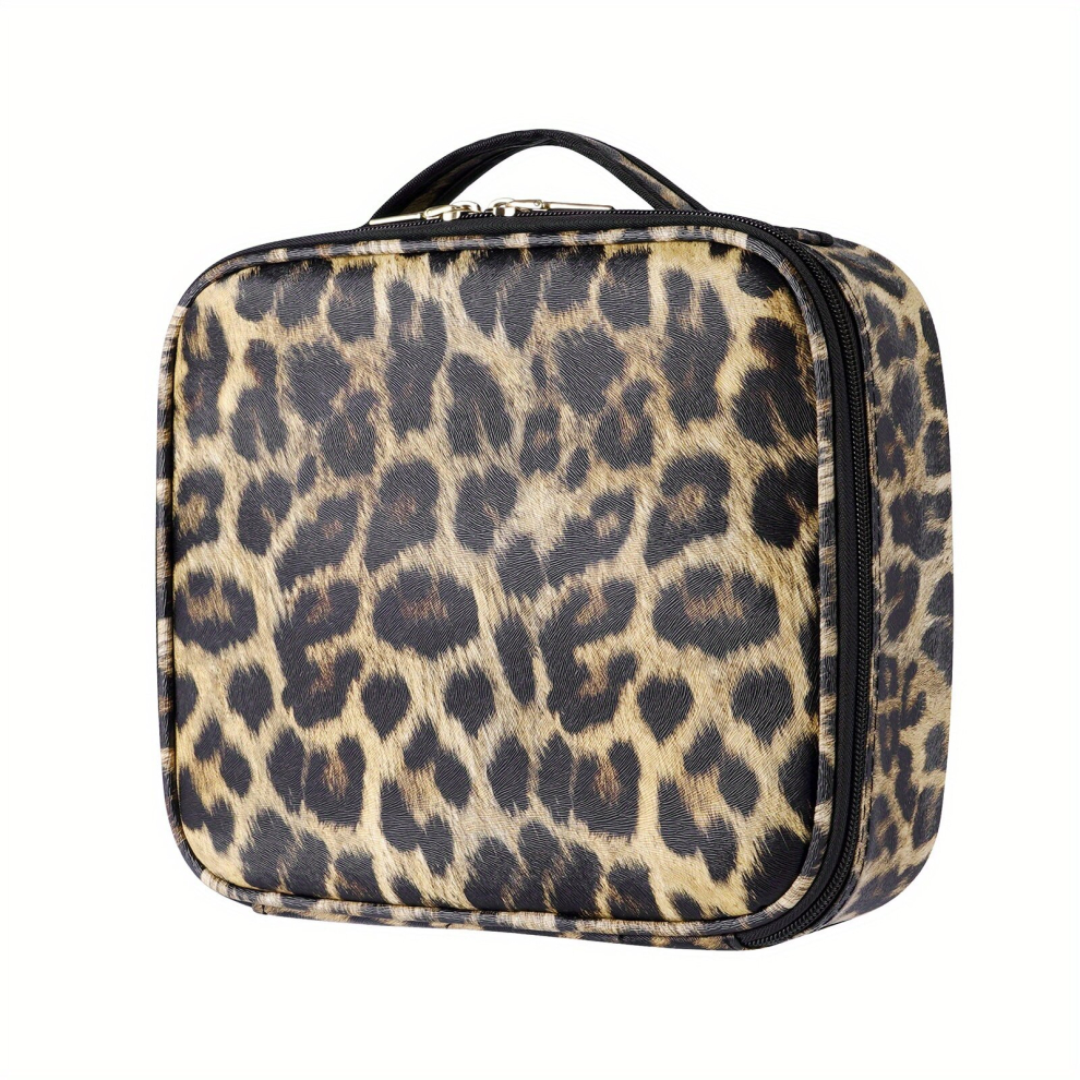 Multicoloured Portable Leopard Pattern Makeup Train Case With Adjustable Dividers For Cosmetics Makeup Brushes Toiletry Jewelry And Digital Accessories