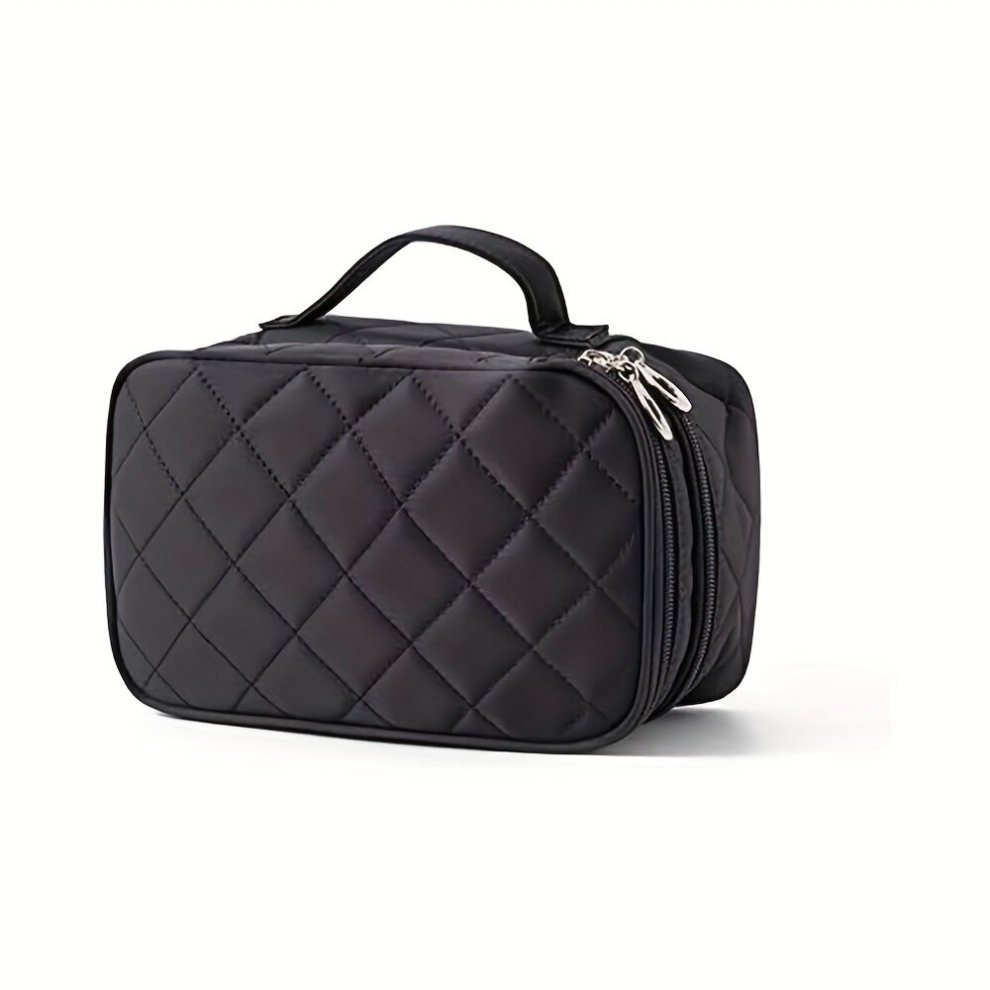 Black Makeup Bag 20X12x8cm Portable Large Capacity Waterproof Make Up Bag Double Layers Makeup Organiser Bag With Brush Compartment And Mirror Travel Cosmet