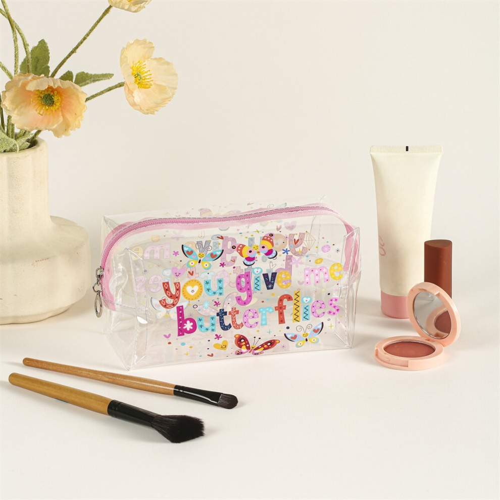 Butterfly Letter Pattern Makeup Bag PVC Waterproof Roomy Zipper Makeup Pouch Portable Travel Organizer Female Gift For Daughter Mom Women Girls