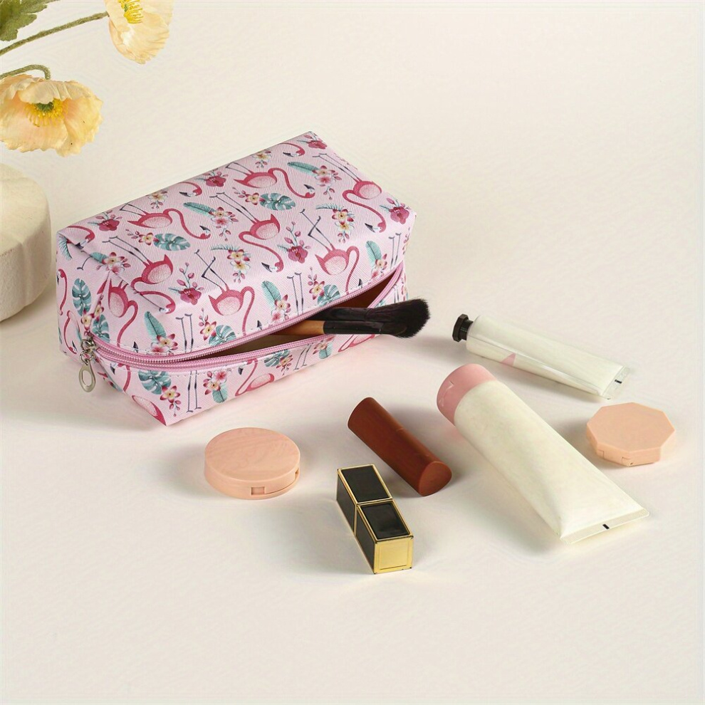 Flamingo & Banana Leaf Pattern Makeup Bag PU Roomy Zipper Makeup Pouch Portable Travel Organizer Female Gift For Daughter Mom Women Girls Friends