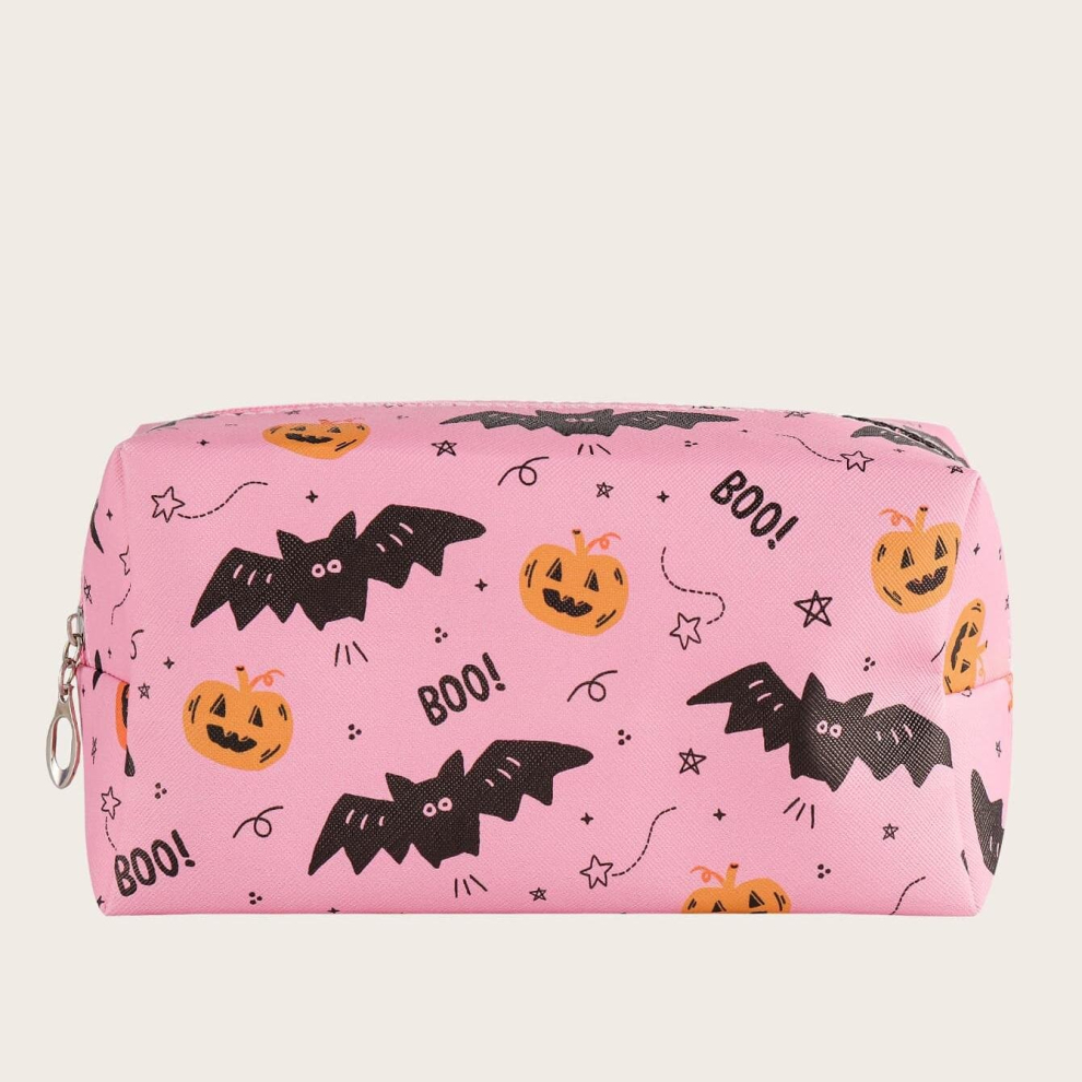Halloween Pumpkin & Bat Print Makeup Bag Adorable Roomy Square Zipper Pouch Travel Toiletries Organizer Gift For Girls Women Men Kids
