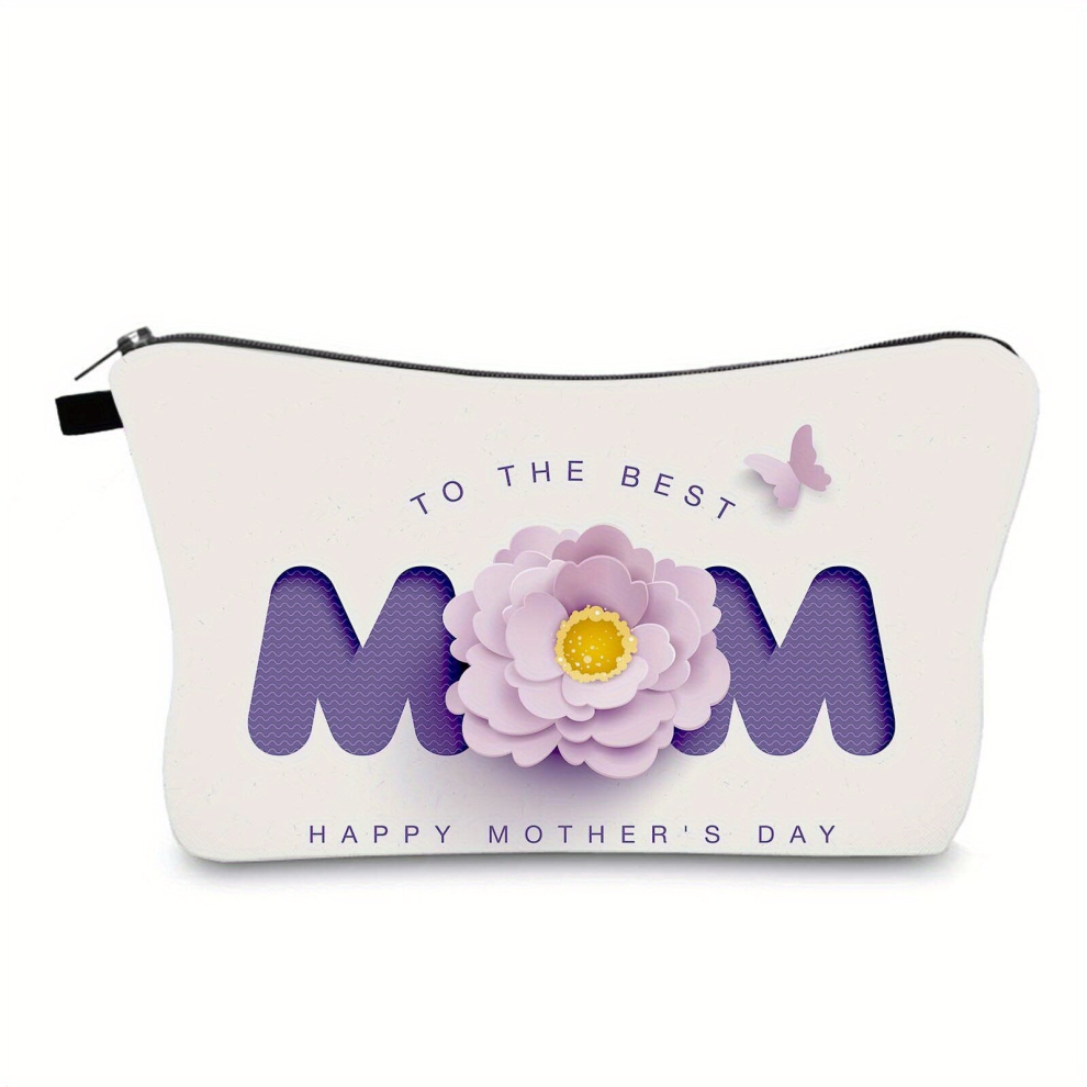 Multicoloured Butterfly Floral & Letter Pattern Makeup Bag Zipper Roomy Cosmetic Bag Travel Portable Make Up Pouch For Mothers Gift To The Mom Happy Mothers