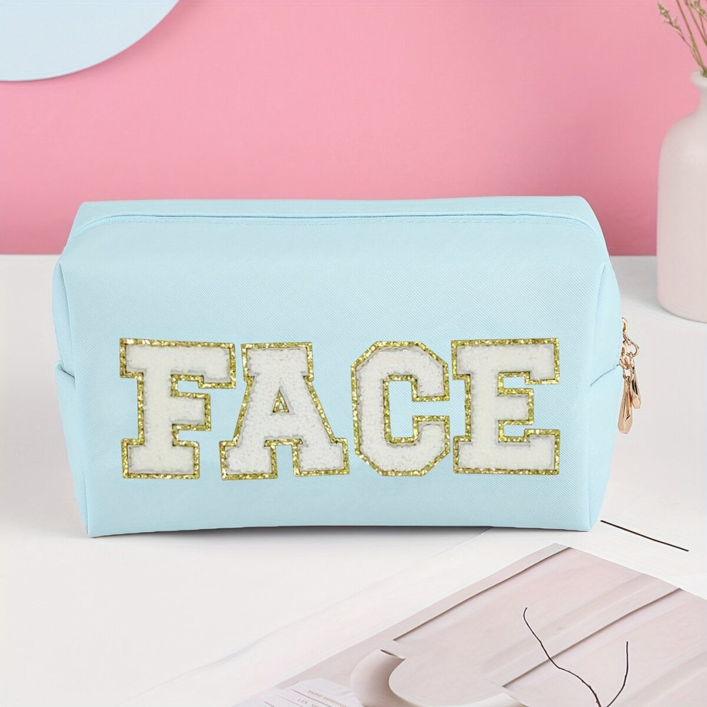 Preppy Makeup Bag Organizer With Embroidered Letter Patch Roomy Square Travel Makeup Pouch Bag Make Up Cosmetic Zipper Pouch For Women Girls Gift