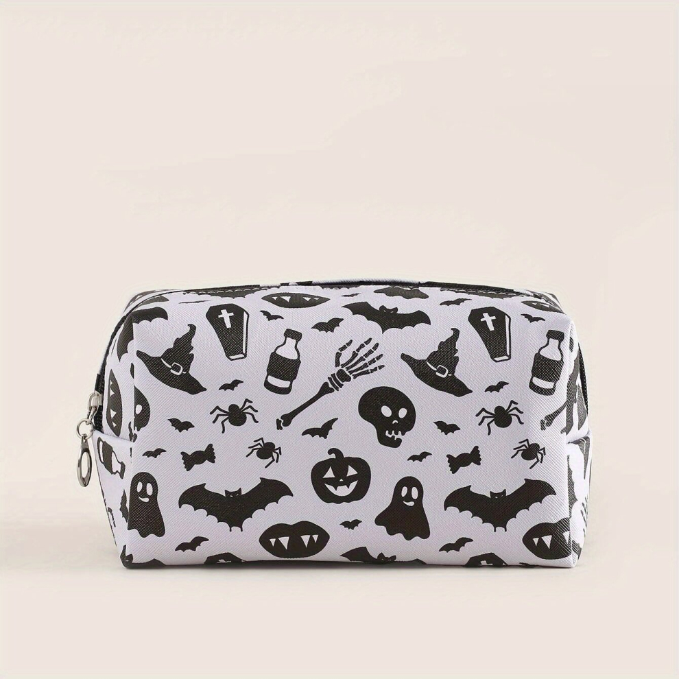 Halloween Skull & Bat Print Makeup Bag Spider & Bat Print Cosmetic Bag Square Roomy Travel Toiletry Bag Accessories Organizer Halloween Gift For Men A