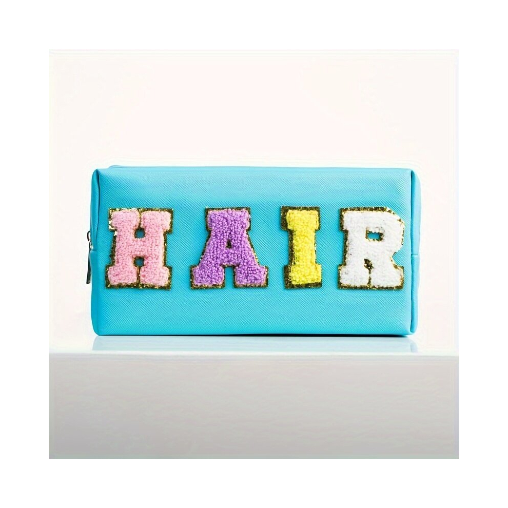 Multicoloured 1Pc Cosmetic Bag Preppy Hair Makeup Bag For Women Travel Toiletry Organizer With Chenille Letter Patches Mint Hair