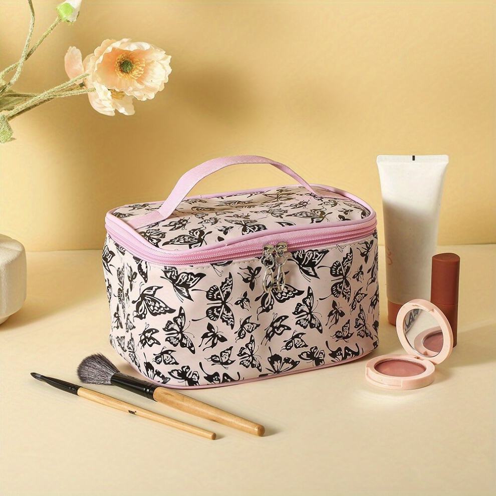 Large Capacity Butterfly Pattern Makeup Bag with Zipper Waterproof Multifunctional and Brush Holder Perfect for Womens Toiletry Needs