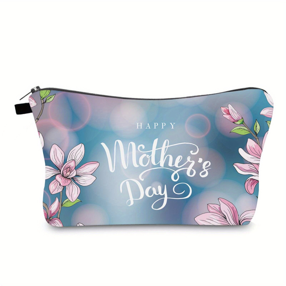 Multicoloured Happy Mothers Makeup Bag Floral & Letter Pattern Zipper Roomy Cosmetic Bag Travel Portable Make Up Pouch For Mothers Gift