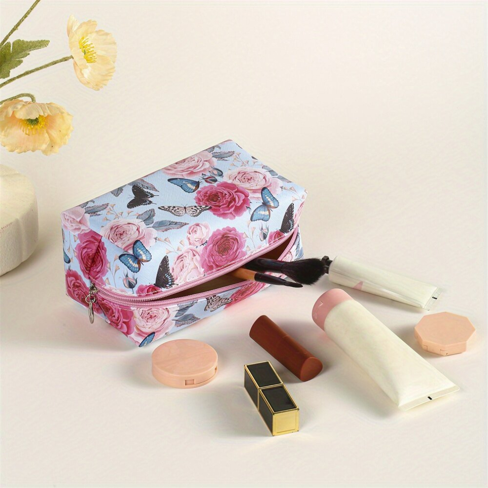 Butterfly Flower Pattern Makeup Bag Roomy Square PU Style Makeup Pouch Zipper Travel Organizer For Makeup Brush Travel Accessories Female Gift