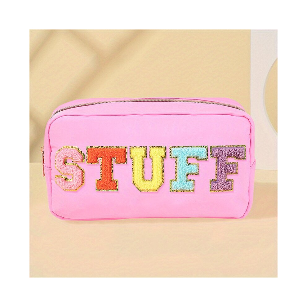 Chenille Letter Cosmetic Bag Nylon Cosmetic Pouch Preppy Portable Makeup Bag Zipper Pouch Storage Purse With Patches Waterproof Organizer Gift For Wom
