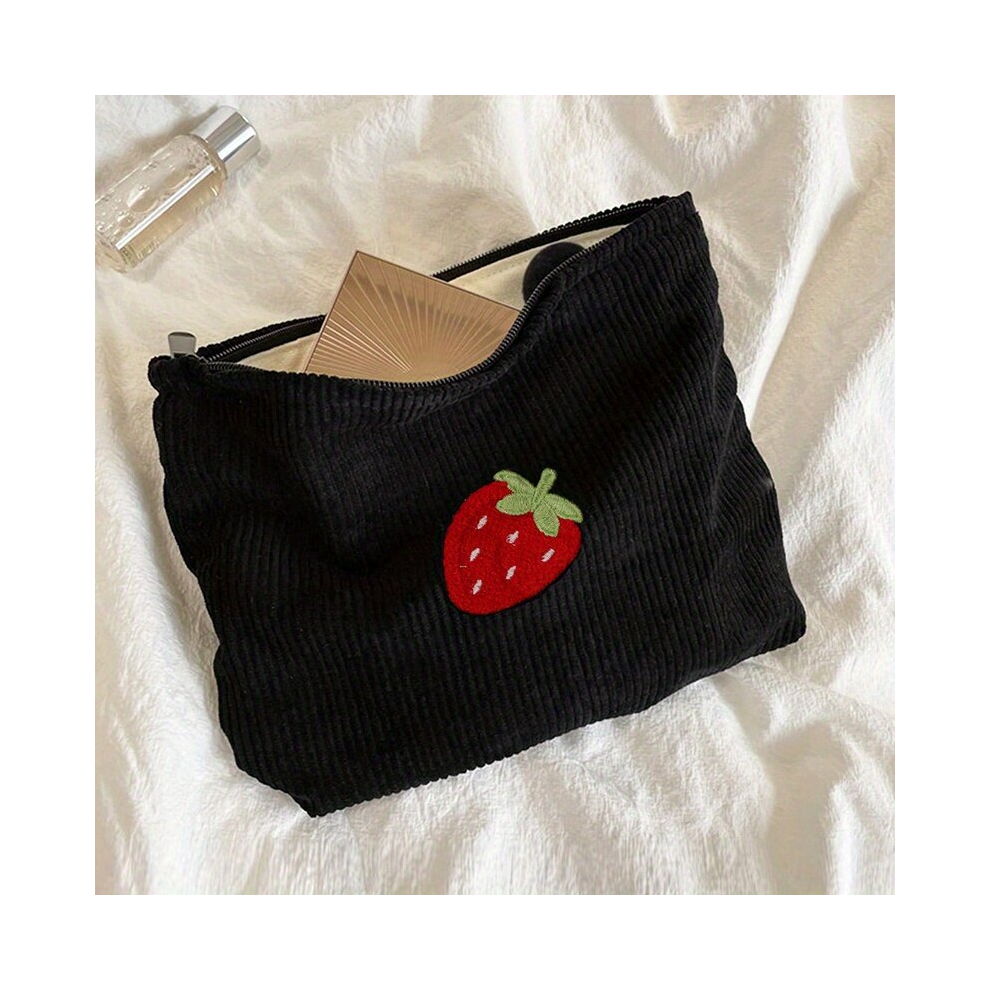 Black Large Capacity Strawberry Pattern Corduroy Cosmetic Bag Portable Makeup Storage Bag For Women