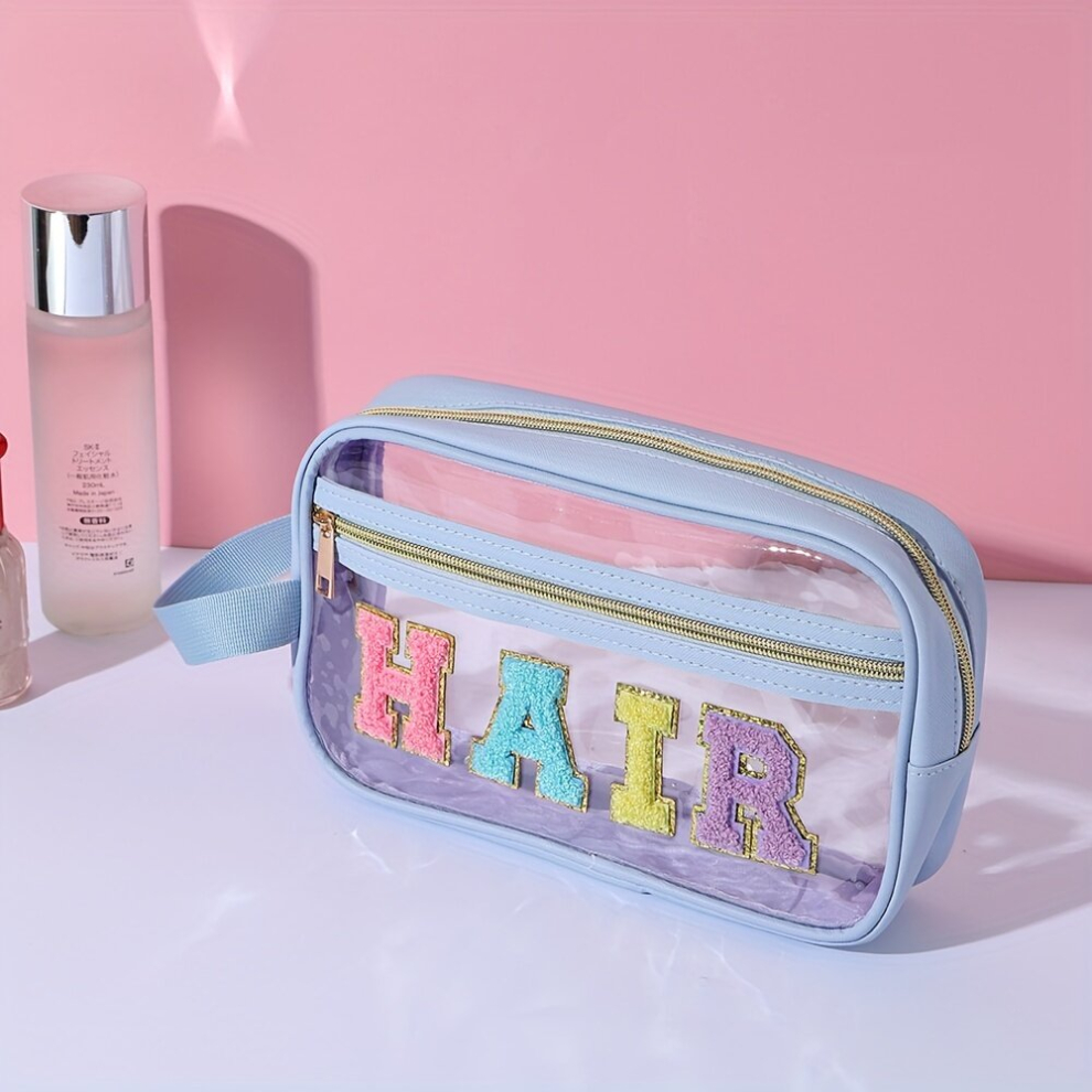 Chenille Letter Clear Makeup Bags Drugs Pouch Preppy Patch Makeup Bag With Zipper Transparent PVC & Nylon Waterproof Portable Glitter Cosmetic Bag Tra