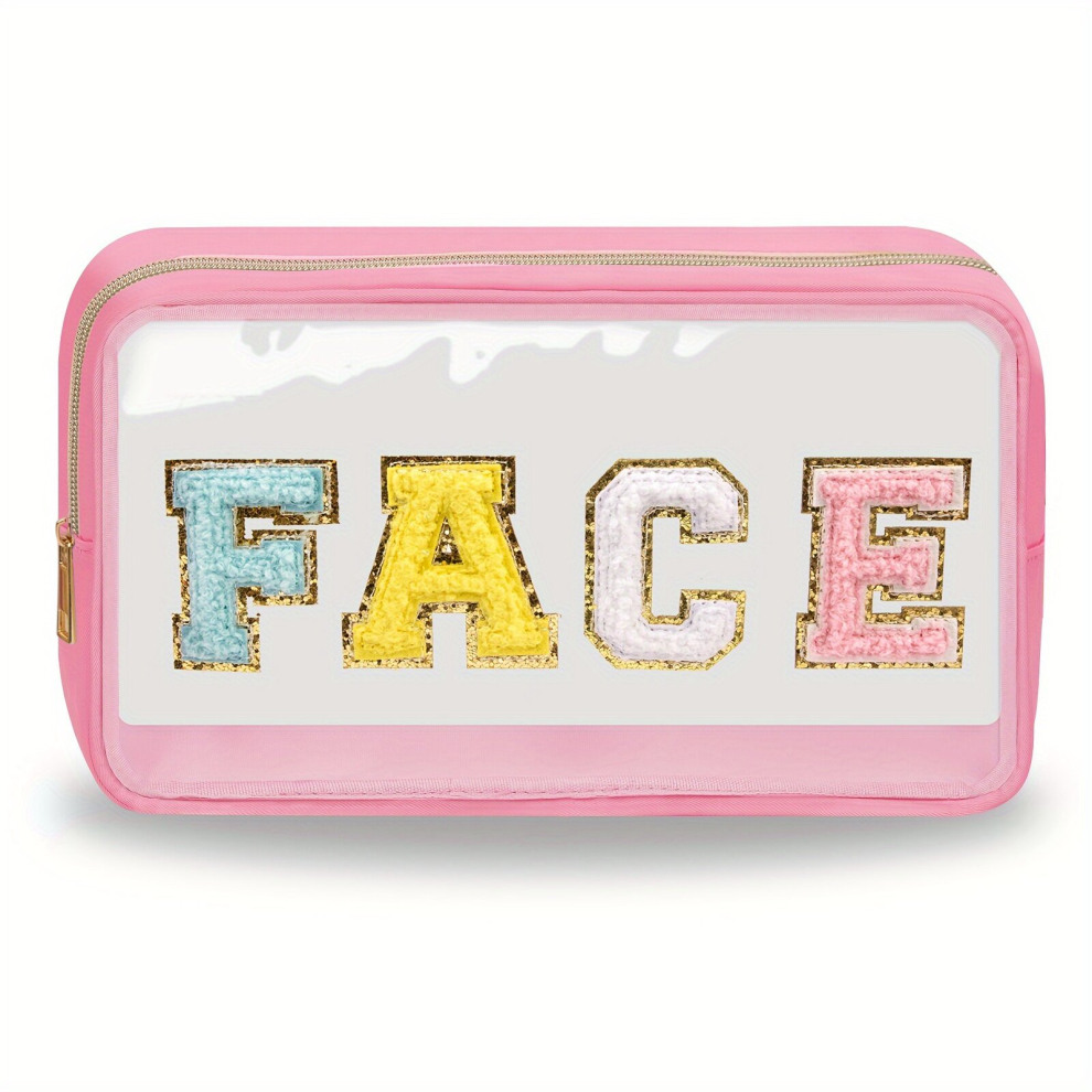 Multicoloured Chenille Letter Clear Makeup Bags Face Pouch Preppy Patch Makeup Bag With Zipper Transparent Pvc & Nylon Waterproof Portable Glitter Cosmetic Bag Trav
