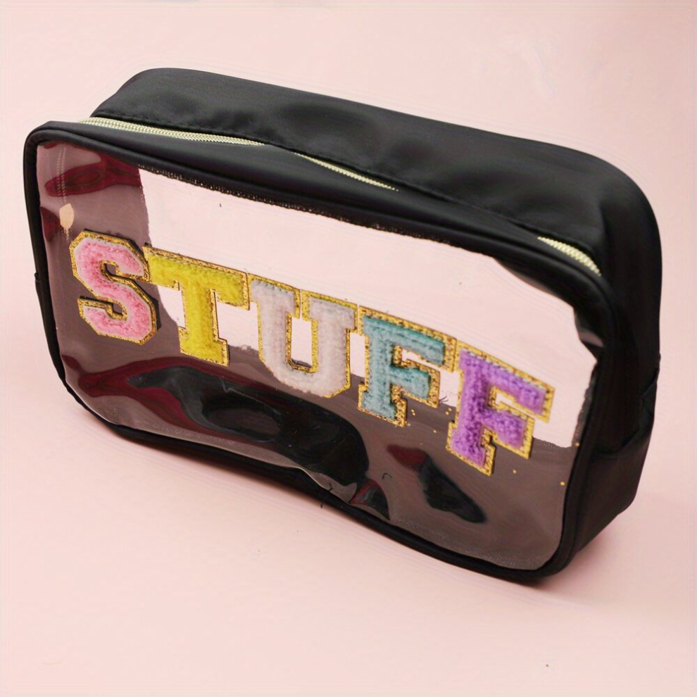 Large Capacity Waterproof PVC Toiletry Bag with Embroidered Lettering Perfect for Travel and Cosmetics