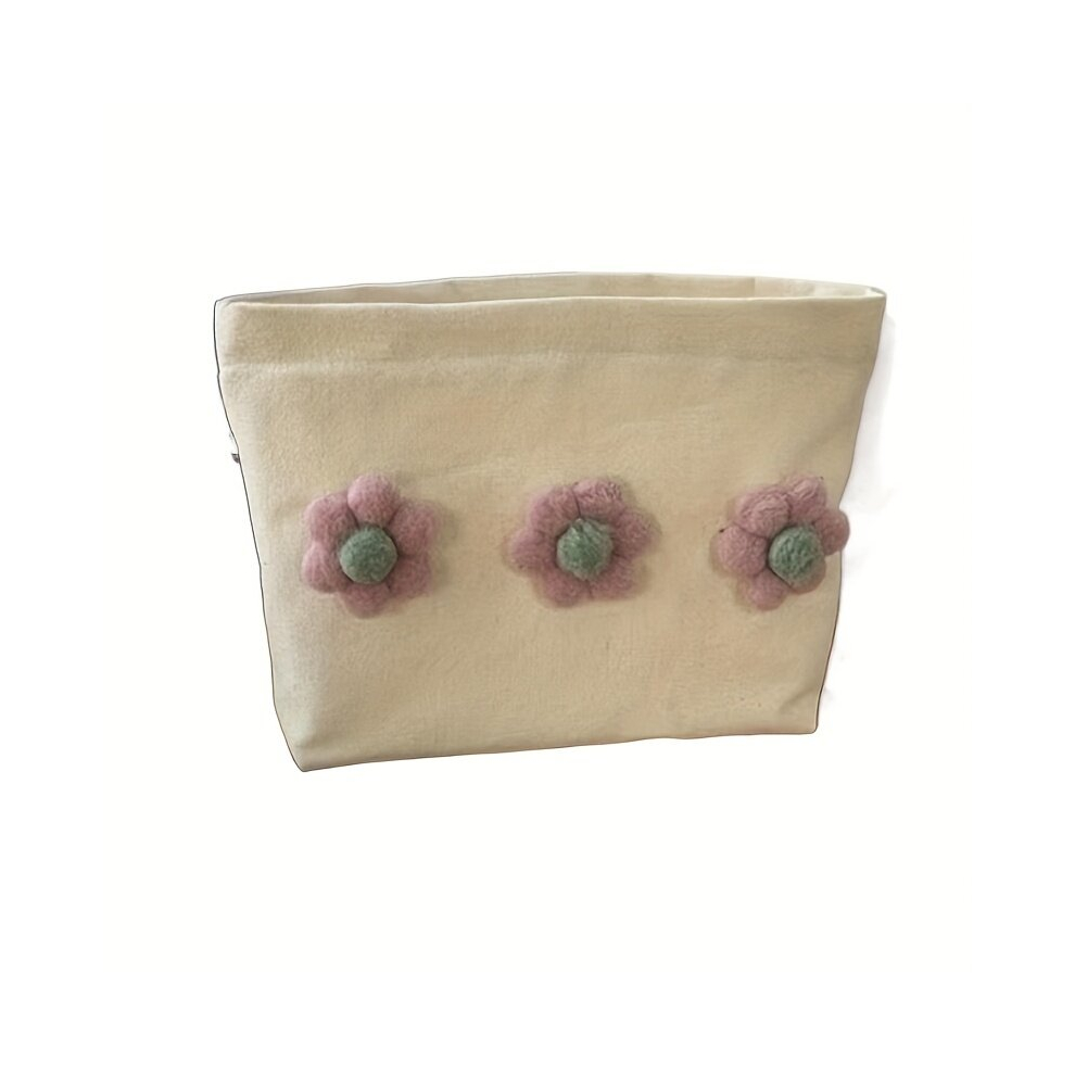 Brown 3D Flower Decor Makeup Bag Zipper Pouch For Purse Roomy Portable Cosmetic Bag Travel Toiletry Pouch For Women