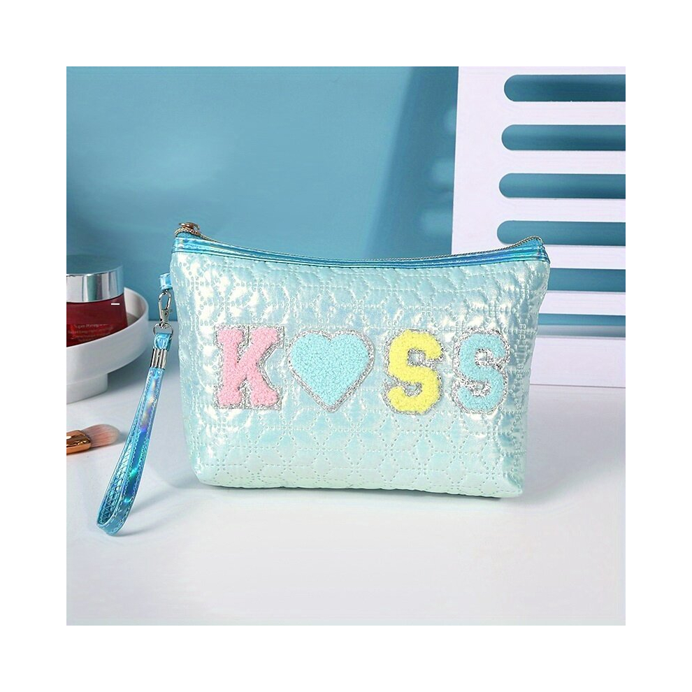 Embroidered Letter Patch Makeup Bag Adorable Roomy Zipper Cosmetic Bag With Wrist Strap For Women Portable Travel Storage Pouch