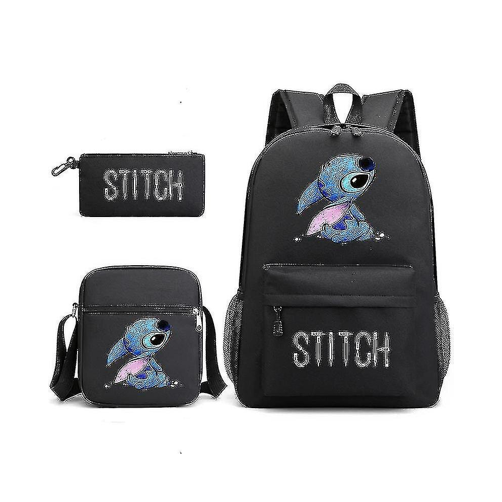 (Black) Lilo Stitch Backpack Three-piece Set School Bag Kids For Boy Girl Gift_y O